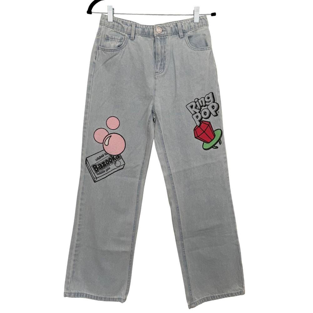 Justice Girls Bazooka Ring‎ Pop Graphic Wide Leg Jeans Light Wash Blue Size 16